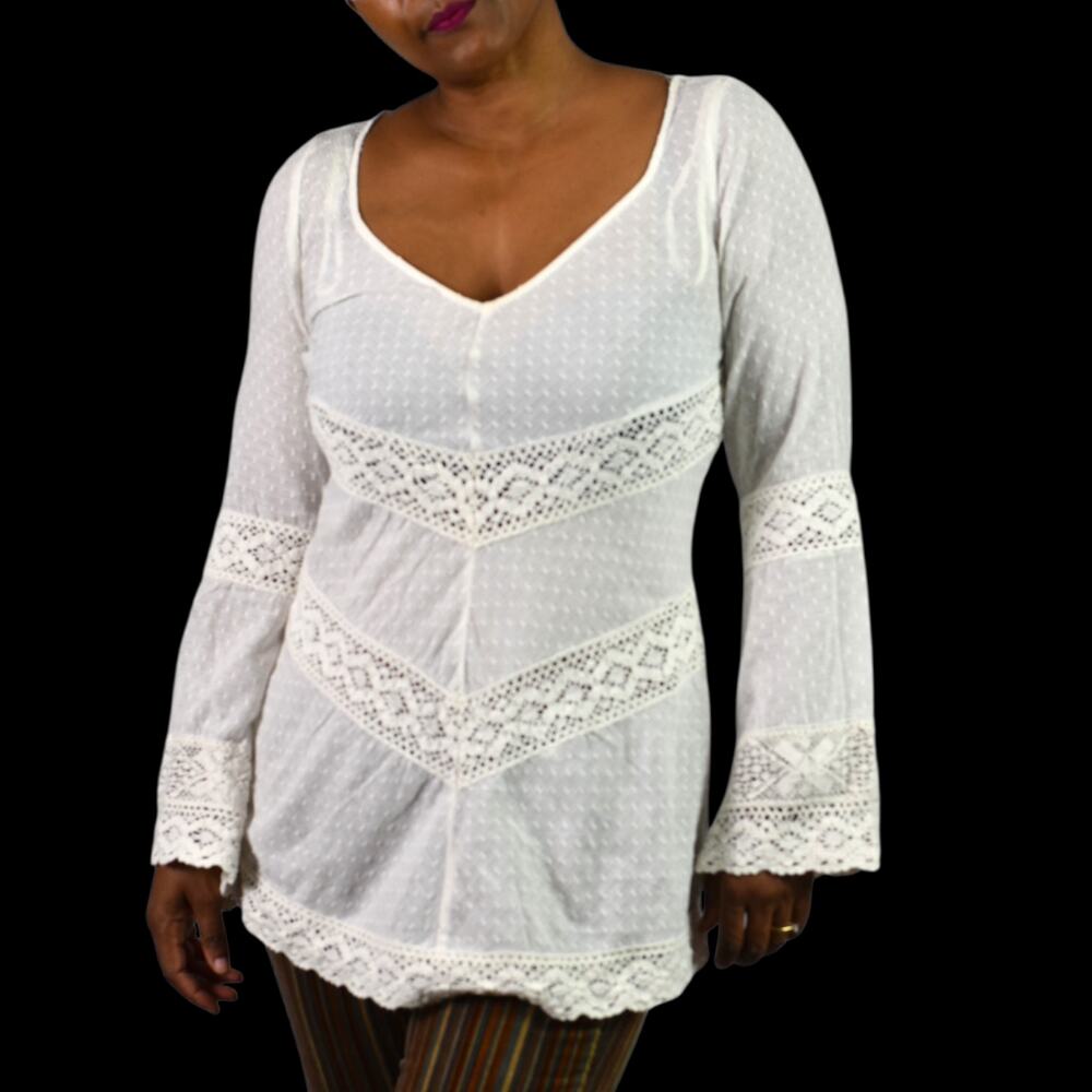 Free People Bell Sleeve Blouse White Dobby Dot Lace Crochet Tunic Tie Back Small